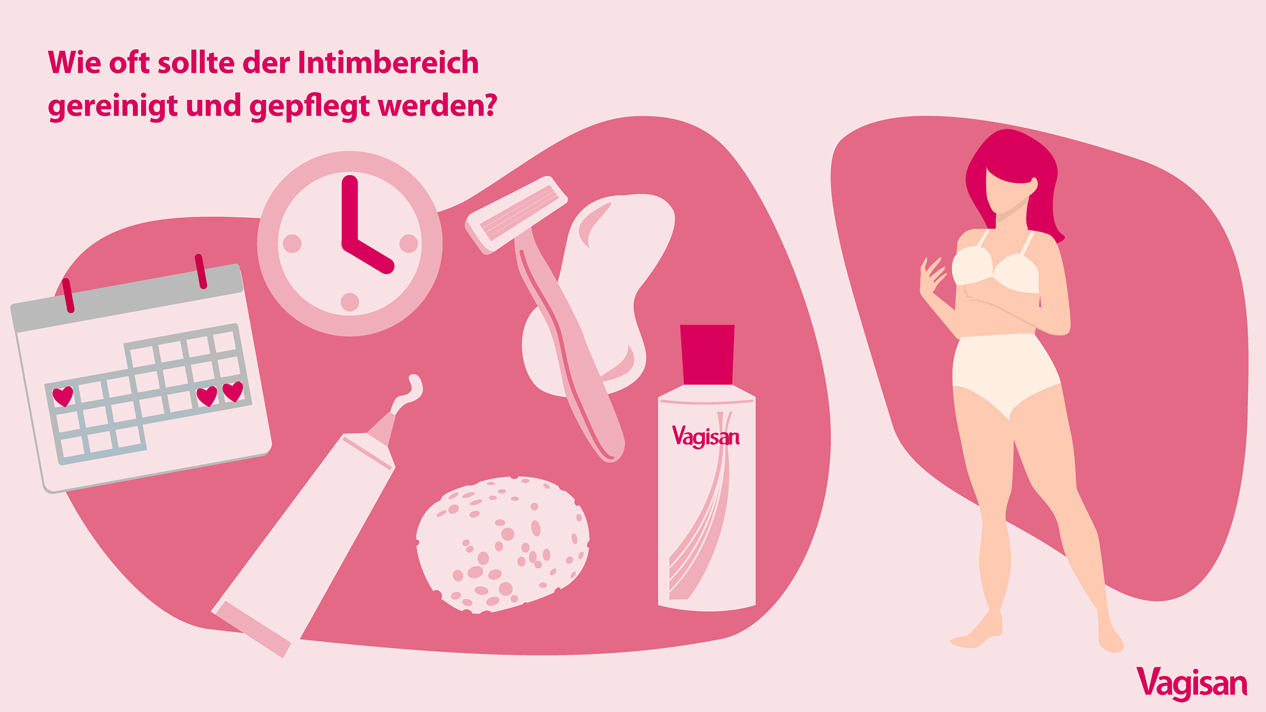 Stilisierte Illustration einer Frau mit Intimpflege-Produkten und einer Uhr als Sinnbild für die Frage wie oft die Intimpflege bei einer Frau durchgeführt werden sollte