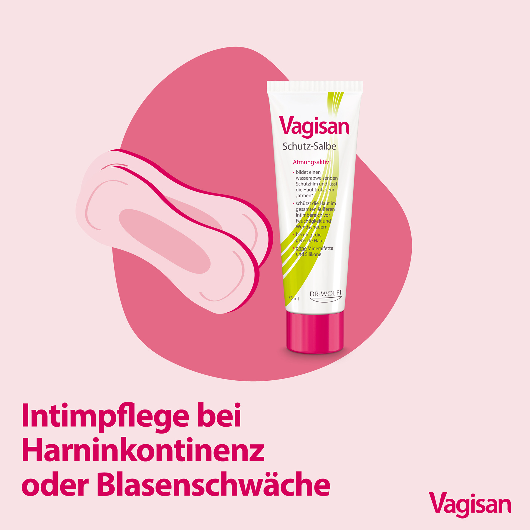 Stilisierte Illustration einer Tube der Vagisan Schutz-Salbe und Slipeinlagen bei Blasenschwäche als Sinnbild für die Intimpflege bei Inkontinenz